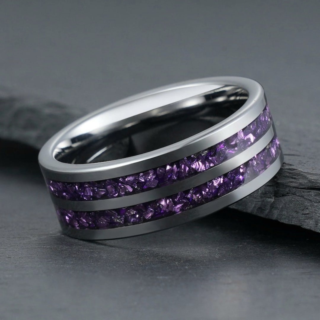 Purple Amethyst Ring Silver Tungsten Ring Mens Wedding Ring Womens Wedding Band Anniversary Ring Engagement Ring Promise Ring 8mm Etsy
