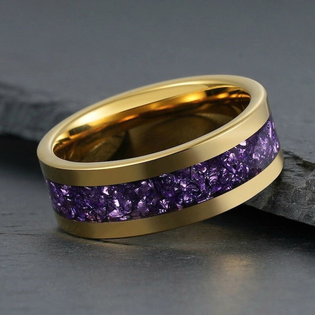 Gold Amethyst Ring, Gold Tungsten Ring, Mens Wedding Ring, Womens ...