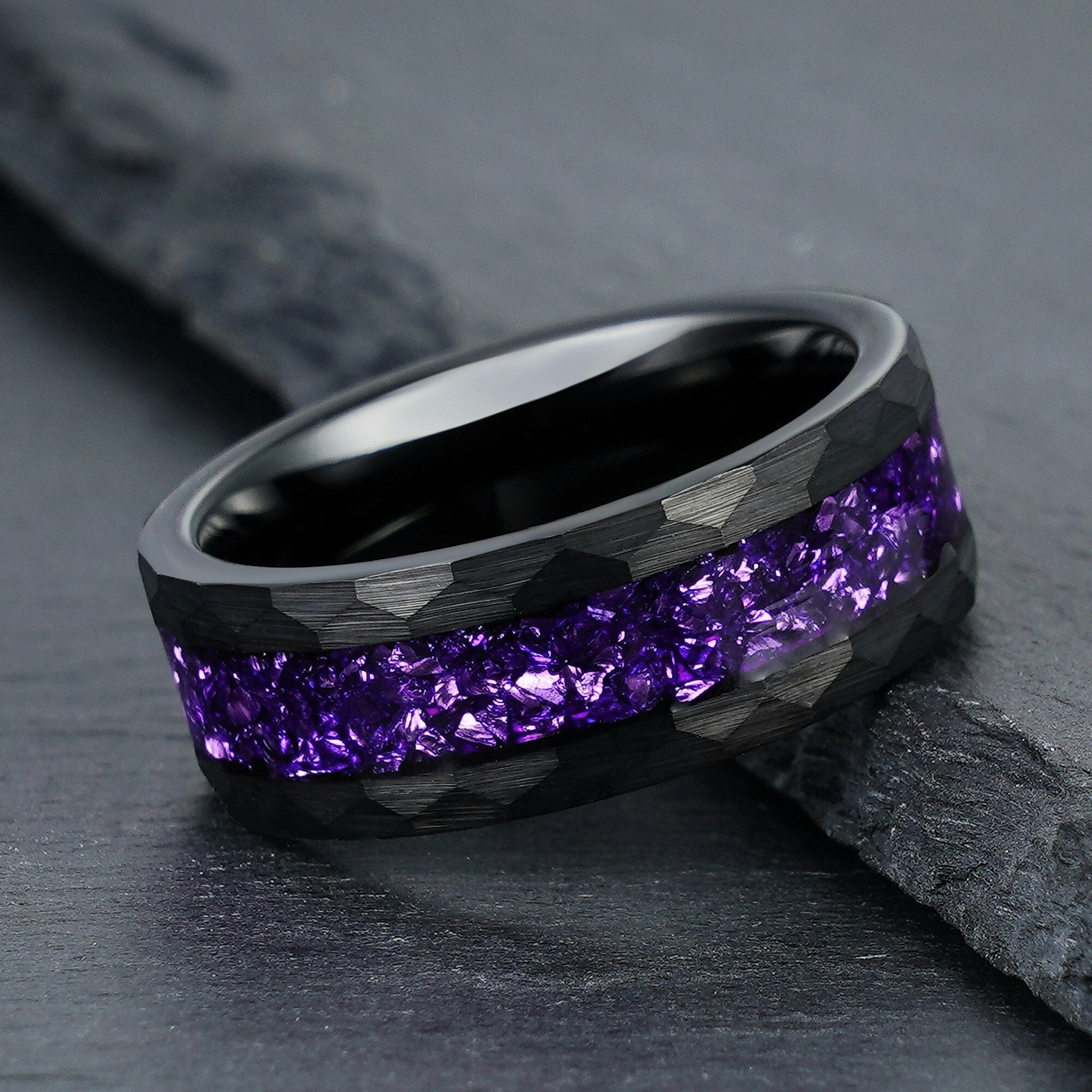 Black Hexagon Brushed Flat Band Tungsten Ring Purple Box Elder Wood. -  925Express