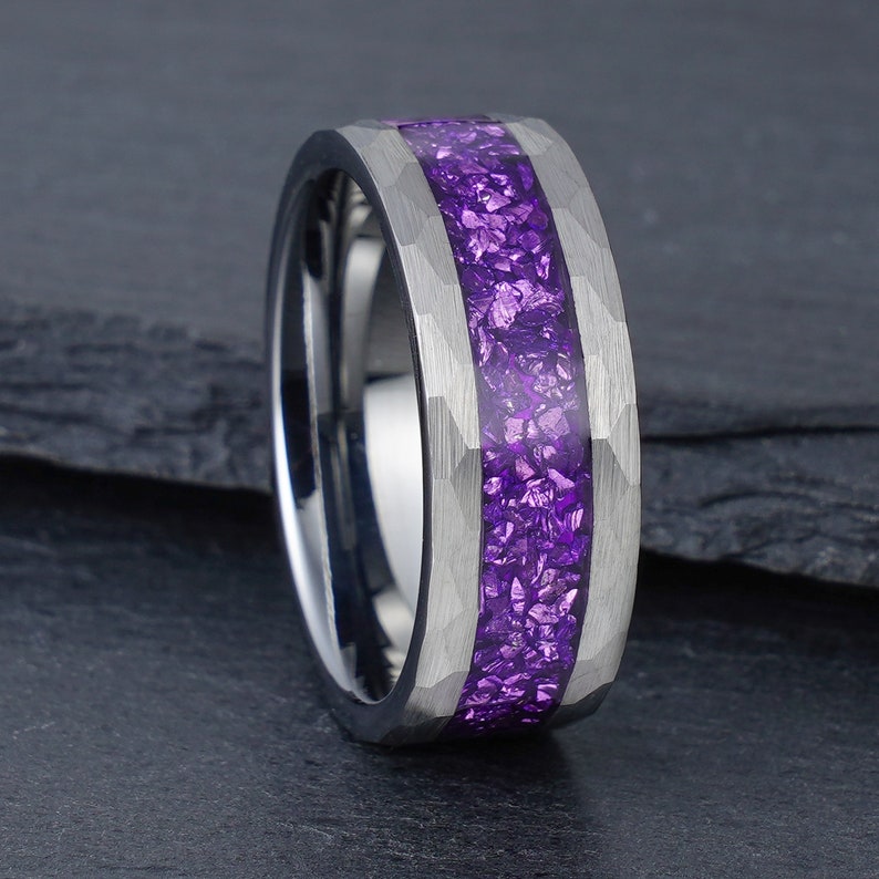 Hammered Amethyst Ring, Silver Tungsten Ring, Mens Wedding Ring, Womens