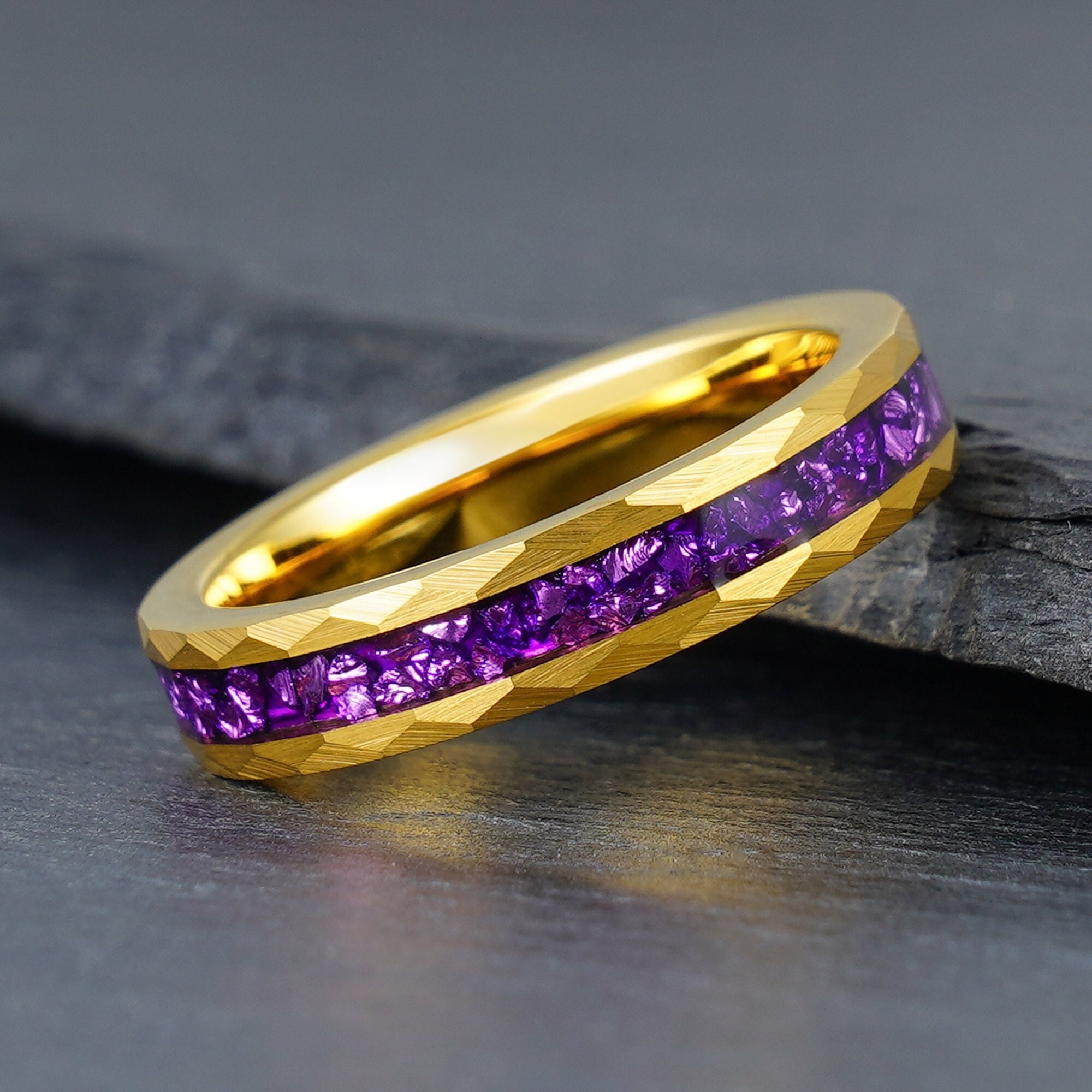 Bague En Or Plaqué Avec Pierre D'Améthyste Et Strass CZ - Taille 7 - Style Élégant Et Brillant