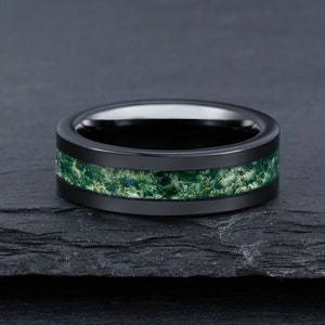 Green Moss Agate Ring, Black Tungsten Ring, Mens Wedding Ring, Womens ...