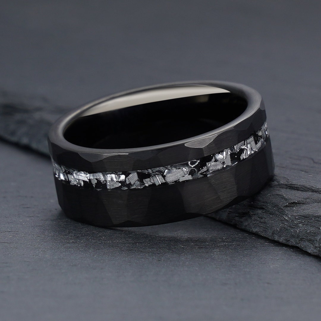 Meteorite Ring Black Hammered Ring 8mm Tungsten Ring Mens - Etsy