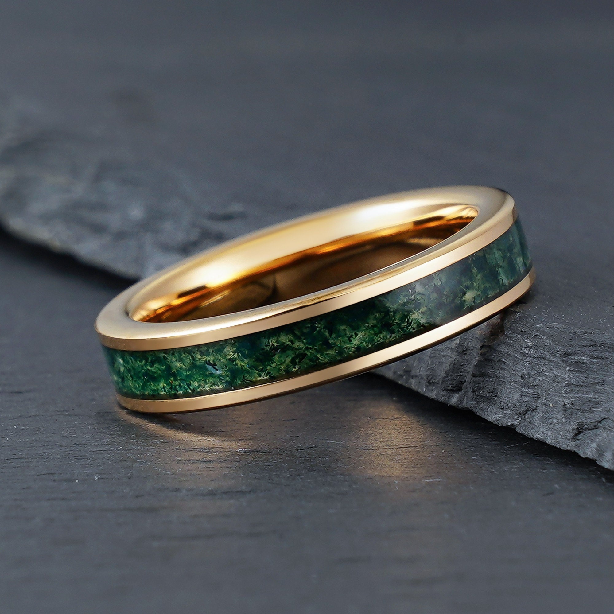 Rose Gold Moss Agate Ring, Tungsten Wedding Ring, Mens & Womens Wedding Band, Anniversary Ring, Engagement Ring, Promise Ring, 4mm 6mm Ring