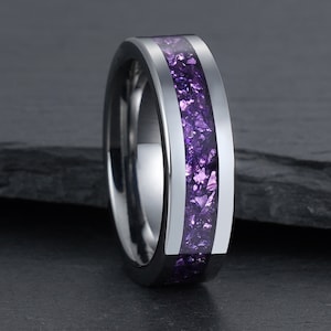 Purple Amethyst Ring, Silver Tungsten Ring, Mens Wedding Ring, Womens ...