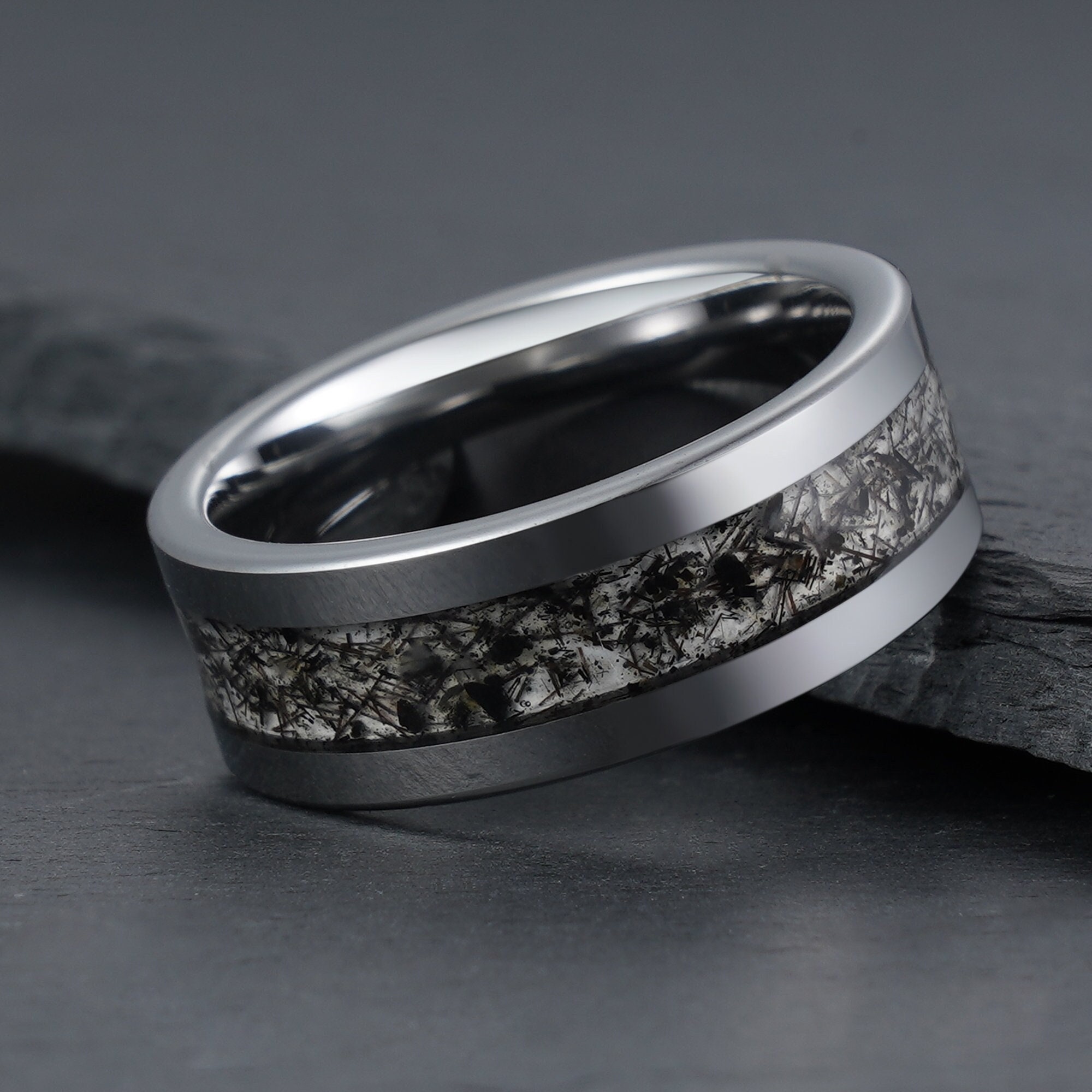 Black Rutilated Quartz Ring Silver Tungsten Ring Mens photo