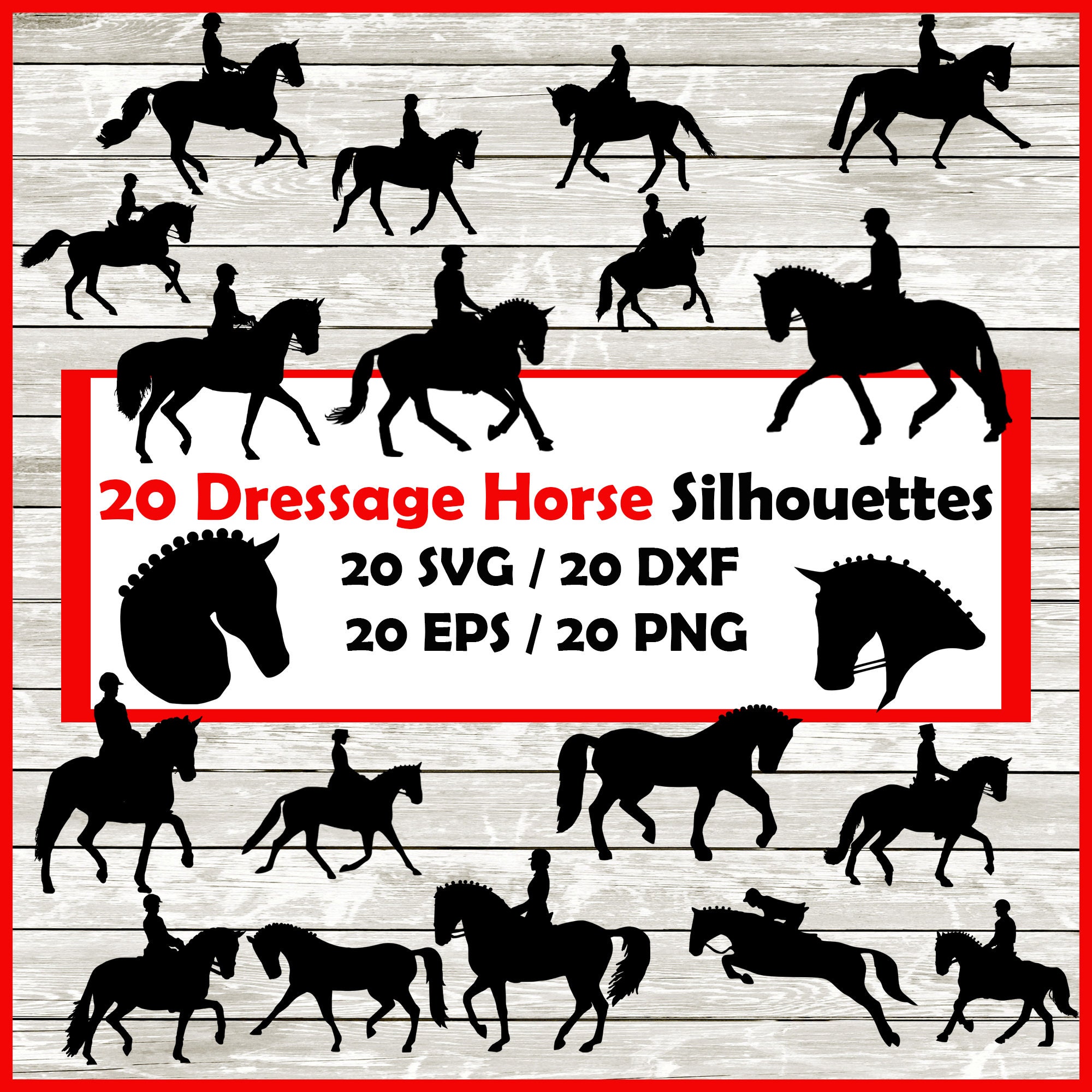 Dressage Horse Silhouette Pack 20 Horse Riding Designs Digital Download 20 Png , SVG , DXF , EPS
