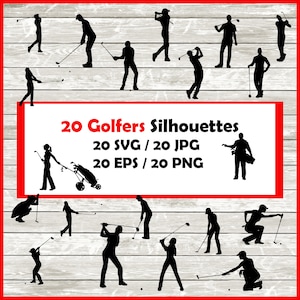 Pack silhouette golfeur - 20 modèles de golf en téléchargement numérique | 20 fichiers Png, SVG, JPG, EPS.  Golfeuse, golfeur