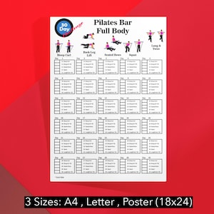 Może przedstawiać: Biały wykres treningowy Pilates całego ciała dla 30-dniowej serii wyzwań. Wykres zawiera ćwiczenia takie jak uginanie bicepsów, przysiady i wykroki. Dostępny w rozmiarach A4, Letter i Poster (45,7x61 cm).