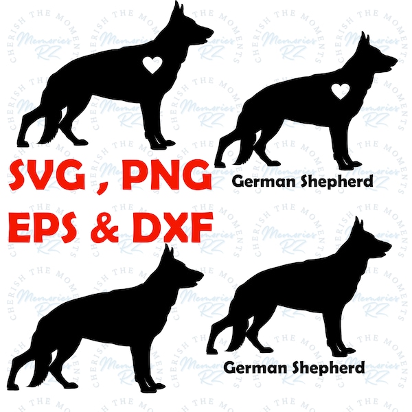 German shepherd Silhouette Designs | Digital Download | Png , SVG , DXF , EPS  , cut file Gsd dog with text and heart design , Alsatian