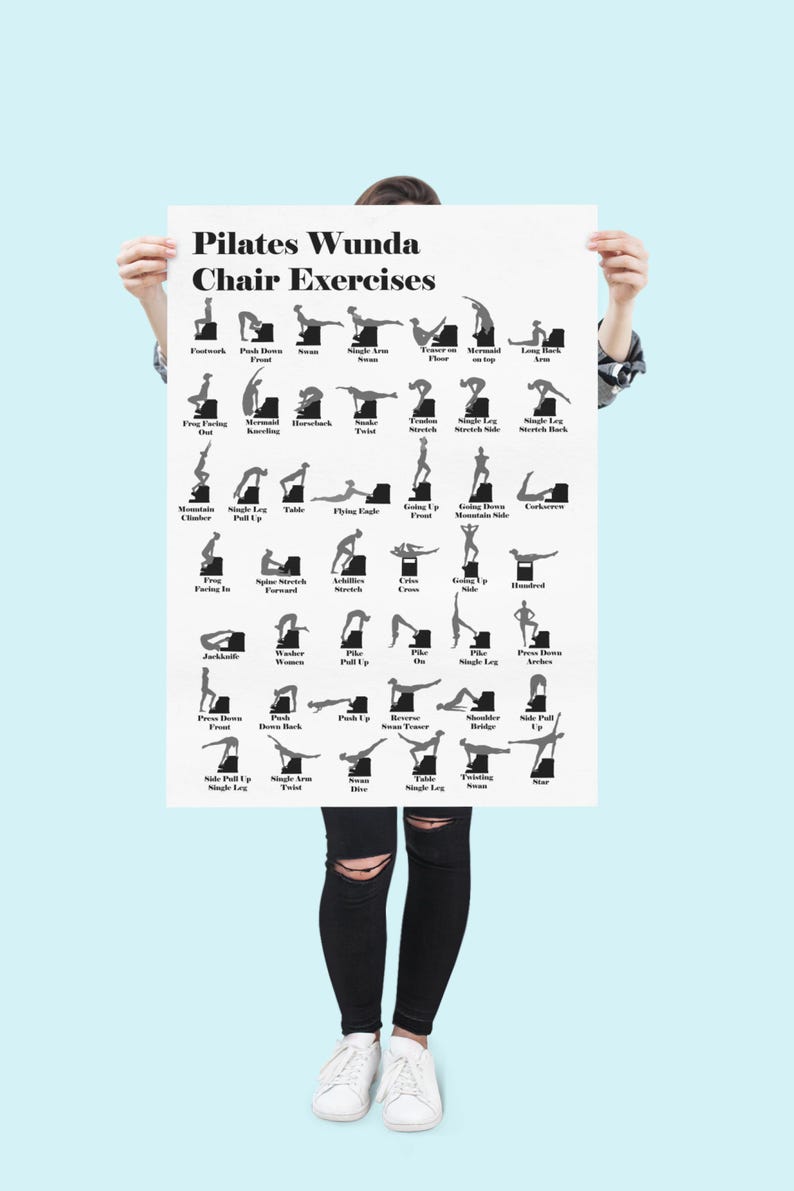 May include: A white poster titled "Pilates Wunda Chair Exercises" featuring black illustrations of various Pilates exercises. The poster is held by a person against a light blue background. The exercises are labeled with text.