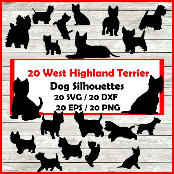 West Highland Terrier Dog Silhouette Pack - 20 Westie Terrier Designs | Digital Download | Png , SVG , DXF , EPS.