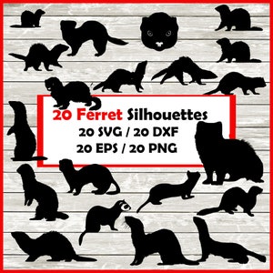 May include: A set of 20 black ferret silhouettes in various poses. The silhouettes are on a woodgrain background with the text "20 Ferret Silhouettes 20 SVG / 20 DXF 20 EPS / 20 PNG" in a red box.