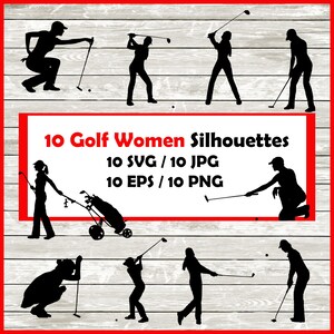 Pack silhouette golfeur - 10 modèles de golf en téléchargement numérique | 10 fichiers Png, SVG, JPG, EPS.  Golfeuse, joueuse de golf, femme, joueuse de golf