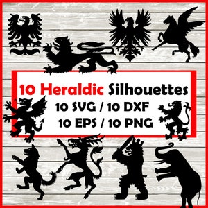 Heraldic Silhouette Pack - 10 Heraldry Designs Digital Download |10 Png , SVG , DXF , EPS. heraldic lion , dragon , eagle , bear