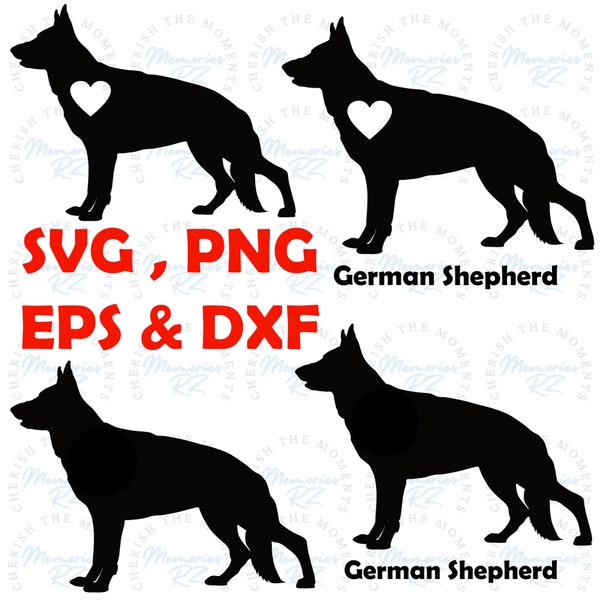 German shepherd Silhouette Designs | Digital Download | Png , SVG , DXF , EPS  , cut file Gsd dog with text and heart design , Alsatian