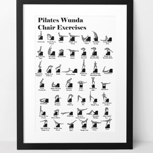 May include: Black framed print featuring Pilates Wunda Chair Exercises. The print displays various exercise poses in a black and white minimalist style. The title "Pilates Wunda Chair Exercises" is at the top.