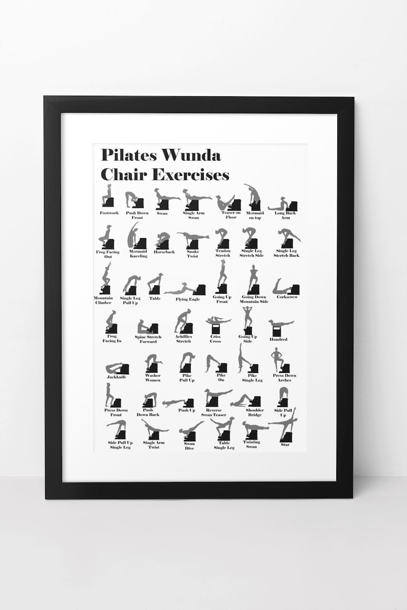 May include: Black framed print featuring Pilates Wunda Chair Exercises. The print displays various exercise poses in a black and white minimalist style. The title "Pilates Wunda Chair Exercises" is at the top.