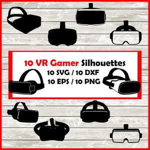 Może przedstawiać: Dziesięć czarno-białych sylwetkowych obrazów gogli do wirtualnej rzeczywistości. Tekst "10 VR Gamer Silhouettes" znajduje się w górnej części obrazu. Pod tekstem znajduje się "10 SVG / 10 DXF" i "10 EPS / 10 PNG".