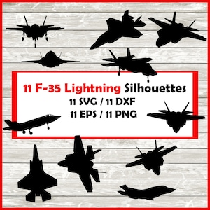 May include: Eleven black silhouettes of F-35 Lightning fighter jets in various angles. The image includes the text "11 F-35 Lightning Silhouettes", "11 SVG / 11 DXF", and "11 EPS / 11 PNG".