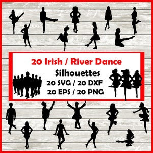 Set met silhouetten Ierse dans - 20 ontwerpen | Digitale download | 20 png, svg, dxf, eps-cutfile onmiddellijke download - Riverdance, jigdance