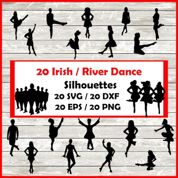 Irish Dance Silhouette Pack - 20 Designs | Digital Download | 20 Png ,SVG , DXF , EPS cutfile immediate download - Riverdance ,  jig dance