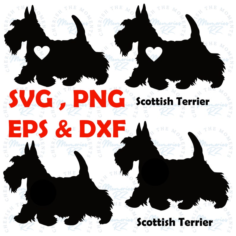 May include: Four black silhouette images of Scottish Terriers. The first two images have a heart shape in the center of the dog's chest. The last two images have a circle in the center of the dog's chest. The text "SVG, PNG, EPS & DXF" is in red letters at the top of the image. The text "Scottish Terrier" is in red letters at the bottom of the image.