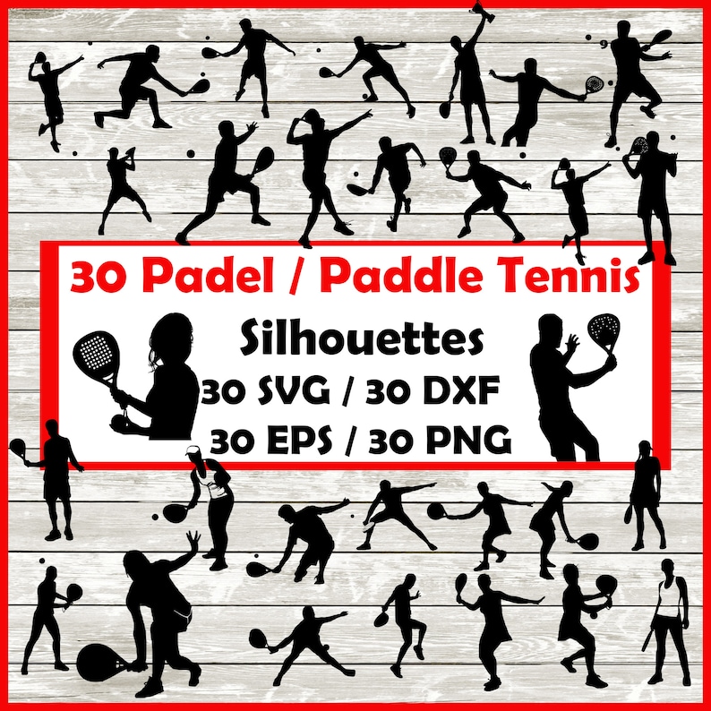 May include: A set of 30 black silhouette images of people playing paddle tennis. The images are in SVG, DXF, EPS, and PNG formats.