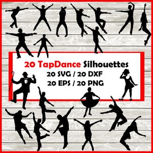 Könnte beinhalten: Ein Set mit 20 schwarzen Tap-Dance-Silhouetten in verschiedenen Posen. Die Silhouetten befinden sich auf einem Holzmaserungshintergrund. Der Text "20 TapDance Silhouettes", "20 SVG / 20 DXF" und "20 EPS / 20 PNG" ist in weißer Schrift auf einem roten Rechteck.