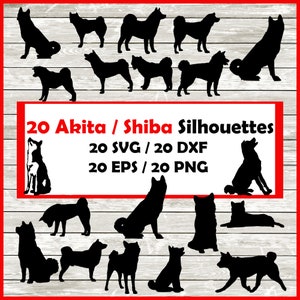 Lot de silhouettes de chien Akita - 20 modèles | Téléchargement numérique | 20 png, SVG, DXF, EPS Akita, Shiba inu, chien japonais hachiko, conception d'Akita