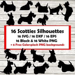 Scottie-silhouetpakket - 16 ontwerpen | Digitale download | Schotse terriër Scottie 16 Black and 16 White Png, SVG, DXF, EPS Scottie-eigenaar