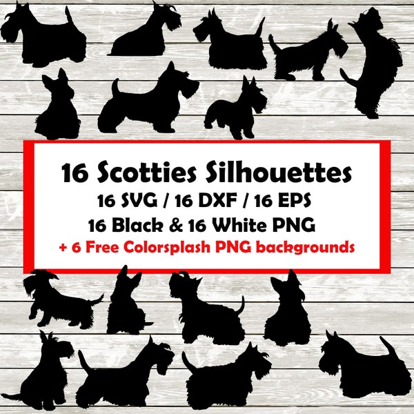 Scottie Silhouette Pack - 16 Designs | Digital Download | Scottish terrier Scottie 16 Black and 16 White Png , SVG , DXF , EPS Scottie owner