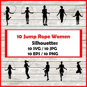 Rope Jump Silhouette Pack - 10 Rope skipping Designs Digital Download |10 Png , SVG , JPG , EPS.  Rope jumping women, Women skipping
