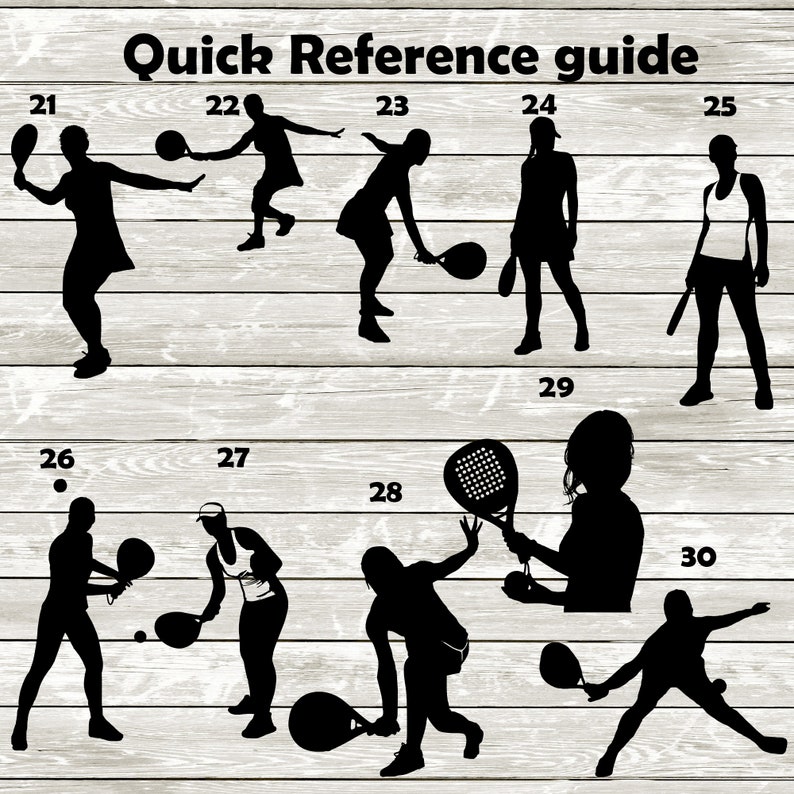 May include: A quick reference guide for paddle tennis players, showing 10 different poses of a person playing paddle tennis. The guide is numbered 21 through 30.