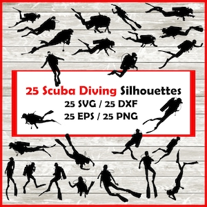 Scuba Silhouette Pack - 25 Scuba Diver Designs Digital Download |25 Png , SVG , DXF , EPS.  Scuba diving , diving freestyle