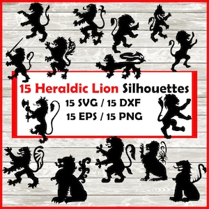 Pack de silhouette de lion héraldique - 15 modèles héraldiques en téléchargement numérique | 15 png, SVG, DXF, EPS. Téléchargement immédiat Silhouette de lion héraldique