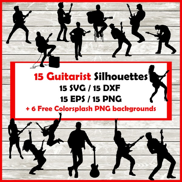 Guitarist silhouette Pack - 15 guitar Designs | Digital Download |15 Png , SVG , DXF , EPS. Rocker silhouette acoustic guitar bass guitar