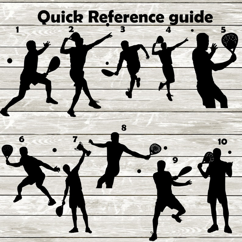 May include: A quick reference guide for paddle tennis players, showing 10 different poses with a paddle and ball. The guide is numbered 1 through 10.