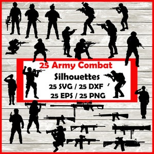 Army soldiers combat Silhouette Pack - 25 Designs | Digital Download | 25 Png ,SVG , DXF , EPS cut file immediate download - weapons