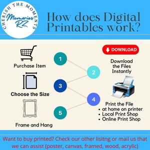 May include: An infographic on a light blue background explains how digital printables work. Steps include purchasing, choosing a size, and framing. A shopping cart, paper icon, and frame are shown. Text includes "Download the Files Instantly" and "Print the File."