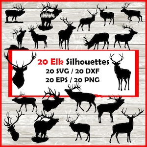Elk Silhouette Pack - 20 Designs | Digital Download | 20 Png , SVG , DXF , EPS cutfile immediate download - Elk Stag design
