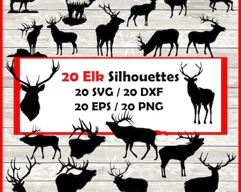 Elk Silhouette Pack - 20 Designs | Digital Download | 20 Png , SVG , DXF , EPS cutfile immediate download - Elk Stag design