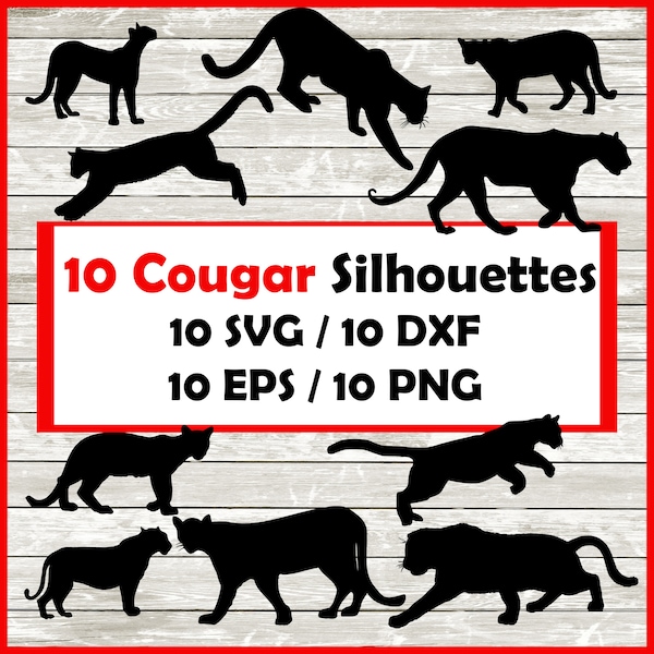 Cougar Silhouette Pack - 10 Panther Designs | Digital Download | 10 Png , SVG , DXF , EPS cutfile immediate download - cougar design