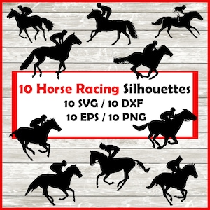 Pferderennen Silhouette Pack - 10 Jockey Pferd Designs Digitaler Download |10 Png, SVG, DXF, EPS.  Pferderennen-Design