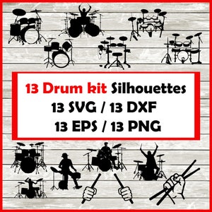 ドラムキットシルエットパック - 13 ドラマーデザイン | デジタルダウンロード | 13 PNG、SVG、DXF、EPS。ジャズドラマー、メタルドラマー、ドラミングシルエット