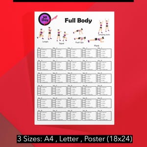 May include: A printable 30-day full body workout challenge chart. The chart includes five exercises: lunges, squats, push-ups, planks, and jumping jacks. The chart is divided into 30 days, with each day listing the exercises to be performed. The chart is available in three sizes: A4, Letter, and Poster (18x24). The chart is also available in three forms: blank, semi-filled, and guide.