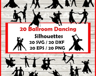 May include: A set of 20 black silhouette images of couples ballroom dancing. The images are in various poses and are set against a wood grain background. The text "20 Ballroom Dancing Silhouettes 20 SVG / 20 DXF 20 EPS / 20 PNG" is displayed in a red box.