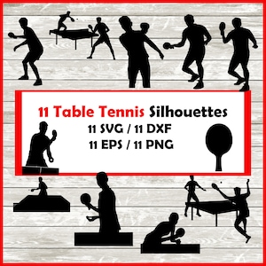 Tennis de table Silhouette Pack - 11 modèles de ping-pong en téléchargement numérique | 10 Png, SVG, DXF, EPS. raquette de tennis de table