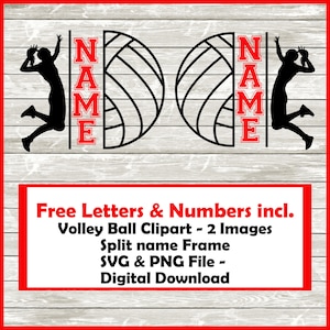 Puede incluir: Dos siluetas de voleibol en blanco y negro con la palabra "NAME" en letras rojas a cada lado. El texto "Free Letters & Numbers incl. Volley Ball Clipart - 2 Images Split name Frame SVG & PNG File - Digital Download" está debajo de las siluetas.