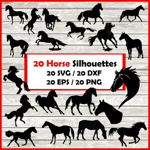 Silhouette de cheval au galop - 20 modèles équins | Téléchargement numérique | Propriétaire 20 Png, SVG, DXF, EPS, téléchargement immédiat du fichier coupé